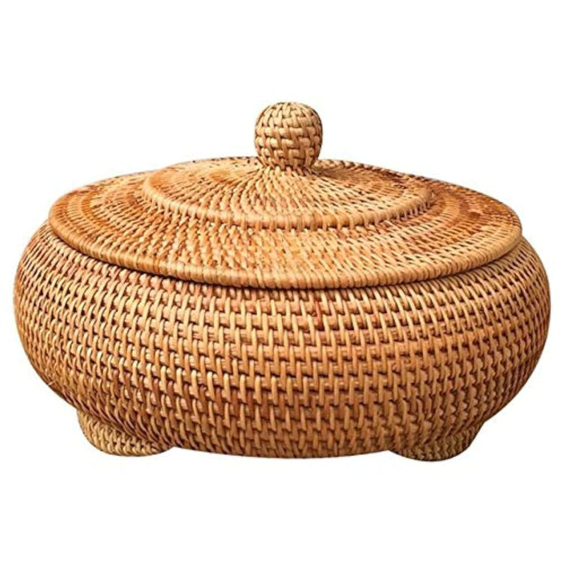 KODENG Round Rattan Boxes with Lid Hand-Woven Multi-Purpose Wicker Tray 8.6Inch Picnic Food Bread Table Storage Basket (22x13cm)