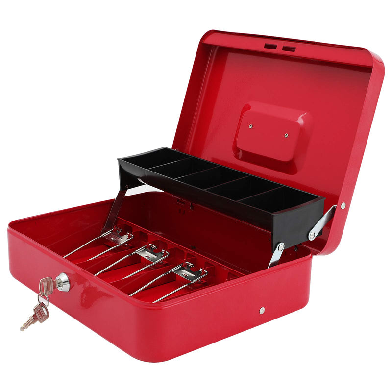 xydled Cash Box with Money Tray and Key Lock,Money lock box with Cash Tray,Safe Lock Box with Key,Tiered,4 Bill / 5 Coin Slots,11.8" x 9.5" x 3.5",Red