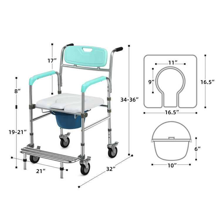 Multifunctional Rolling Commode Chair with Removable Toilet