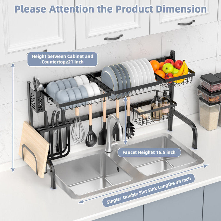 2 Tier Adjustable Over Sink Dish Drying Rack with 8 Hooks