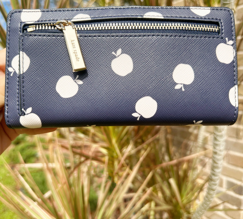 Kate Spade Staci Orchard Toss Print Large Slim Bifold Wallet Blazer Blue