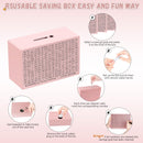 Wooden Money Saving Box, Cash Savings Box for $10000 $5000 $3000 Target Money Saving Challenge, Reusable Money Box with Counter, Cash Vault Bank with Dry Erase Pen/Savings Trackers/Rubber Band-Pink