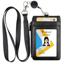 Teskyer Leather Badge Holder with Lanyard and Retractable Badge Reel, 4 Card Slots ID Card Holder with 1 Zipper Pocket for Office School Name Work IDs, Black