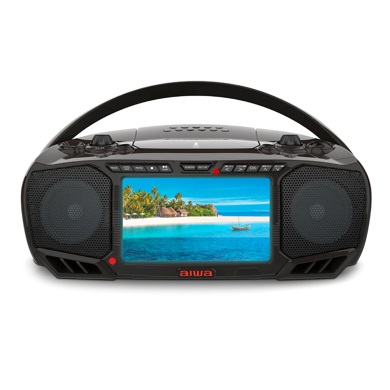 Aiwa Portable Boombox, Crystal Clear Sound with 3W x 2 Speakers and Bass Function, Featuring a 7" LCD Display, Bluetooth Connectivity, FM Radio, CD/DVD Player, Streaming on Roku and Amazon Firestick