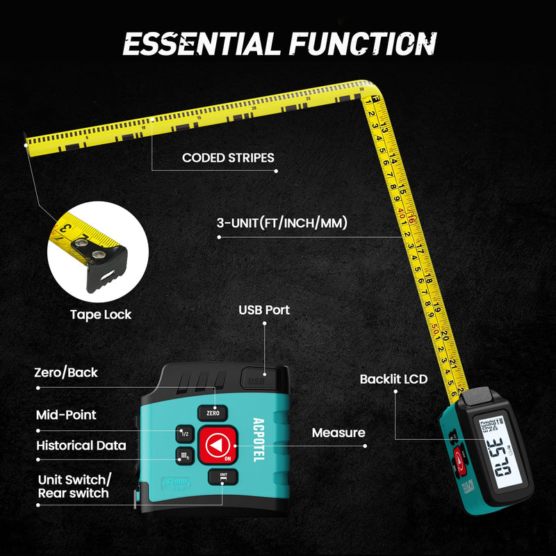 2-in-1 Digital Tape Measure - Ft/Ft+in/in/M/cm/mm 16Ft Tape Measure, Backlit Display USB Rechargeable Tape Measure with Display, 20 Groups Historical Memory ACPOTEL DT20 (Gen-2)