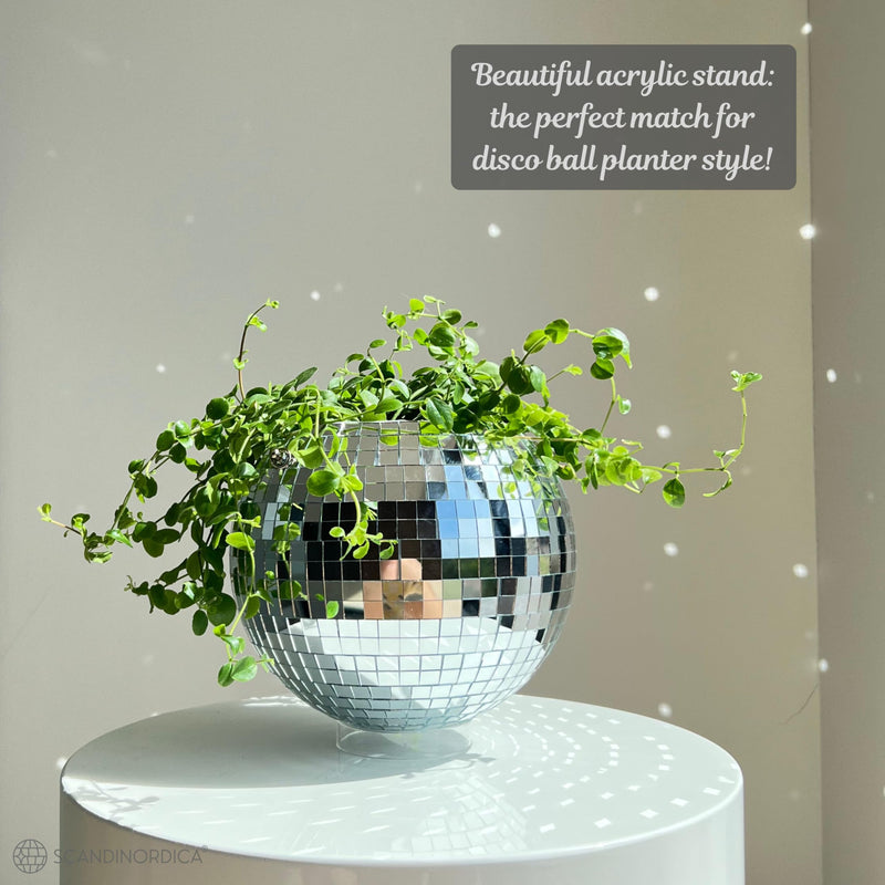 SCANDINORDICA Disco Ball Planter – Value Package: Disco Planter with Chain, Macrame Hanger and Acrylic Stand, Includes Self Watering Insert, Preppy Room Decor, Funky Decor | 8 inch Silver