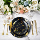 JOLLY PARTY 180PCS Disposable Dinnerware Set 30 Guest, 60 Black and Gold Plastic Plates, 30 Silverware, 30 Plastic Cups, Marble Design Dinnerware for Halloween, Wedding and Parties