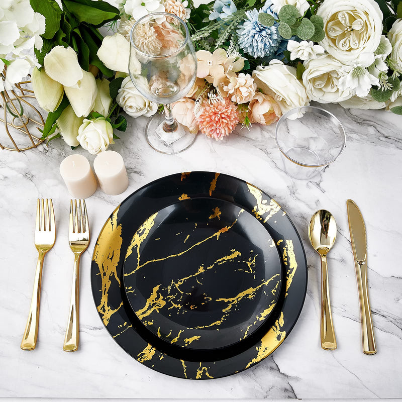 JOLLY PARTY 180PCS Disposable Dinnerware Set 30 Guest, 60 Black and Gold Plastic Plates, 30 Silverware, 30 Plastic Cups, Marble Design Dinnerware for Halloween, Wedding and Parties