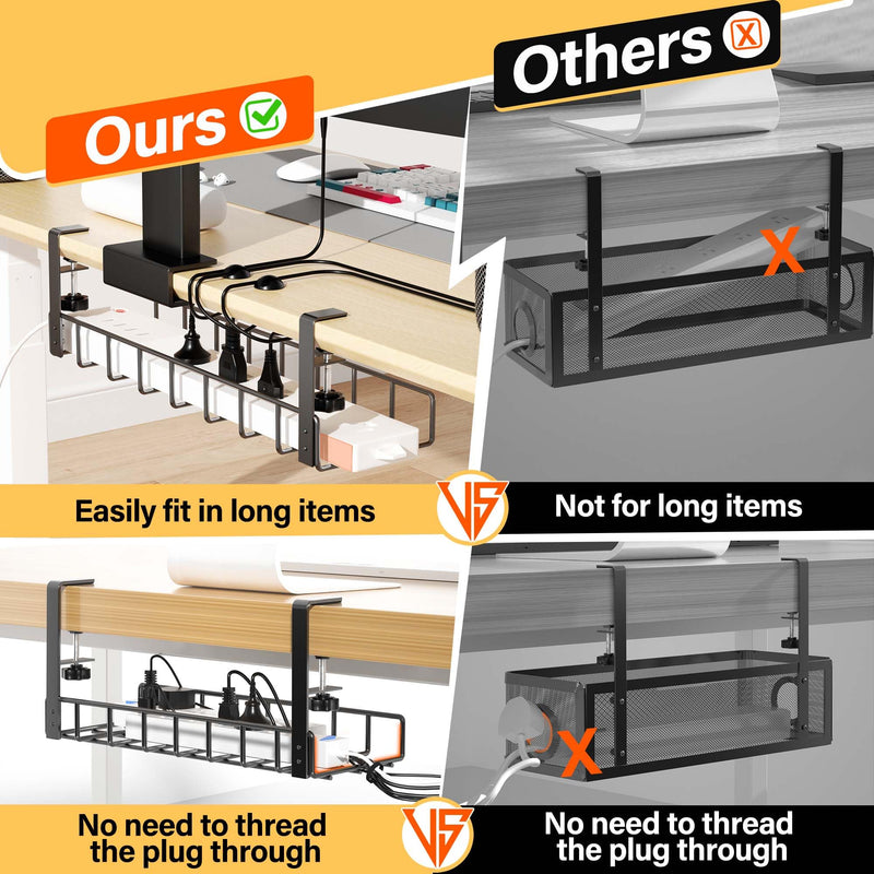Xpatee 2 Pack Cable Management Under Desk Tray, 31.4" No Drill Under Desk Wire Management with Upgraded Clamp, Metal Cord Organizers for Desk with Cable Organizers, PC Cable Management Rack, Black