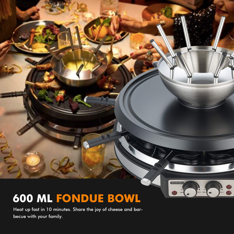 GIVENEU Electric Fondue Pot Sets with Barbecue Grill, 600ml Fondue Pot with 8 Forks and Electric Raclette, Dual Adjustable Thermostats, Perfect Fondue Grill Combo for Family Fun