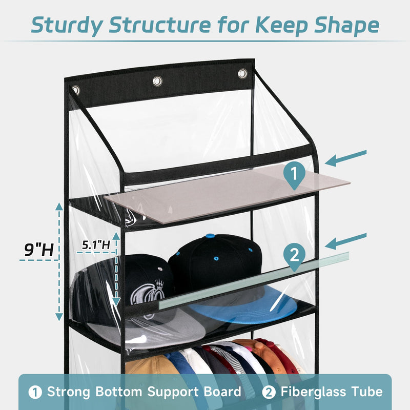 AOODA Clear Over The Door Hat Racks for Baseball Caps, Large Holds up to 72 Caps Hat Storage Organizer for Closet Wall, Deep Pockets Hanging Hat Holder with 3 Hooks, Black