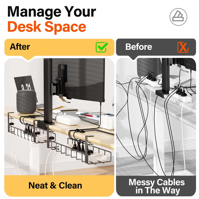 Xpatee 2 Pack Cable Management Under Desk Tray, 31.4" No Drill Under Desk Wire Management with Upgraded Clamp, Metal Cord Organizers for Desk with Cable Organizers, PC Cable Management Rack, Black