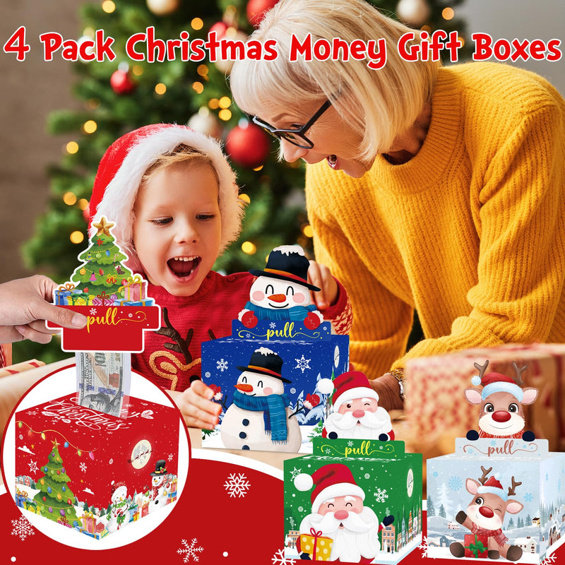 Meiidoshine 4 Pack Christmas Money Box for Cash Gift Pull, Surprise Money Holder for Kids Adults with 200Pcs Transparent Bags - Fun Ways to Give Cash As A Gift for Your Loved Ones