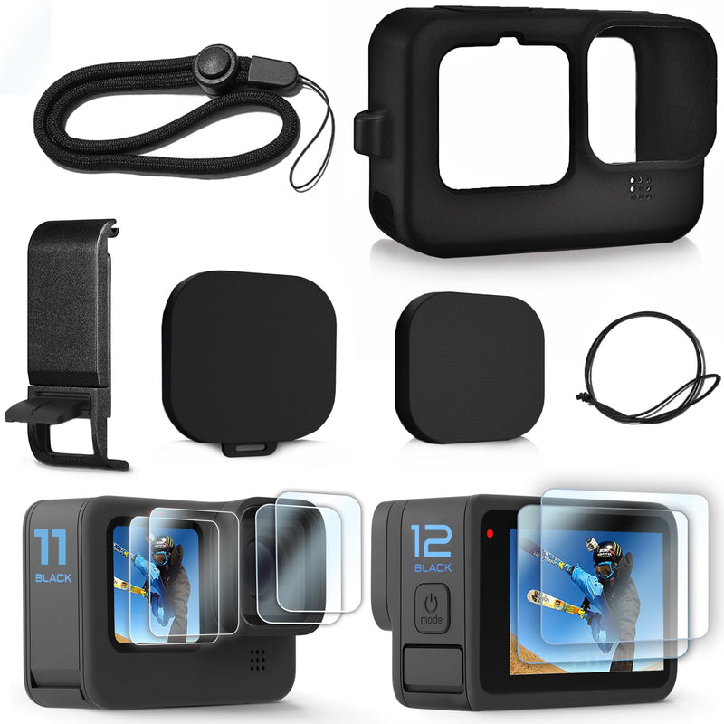 FitStill Black Silicone Sleeve Case for Go Pro Hero 12/Hero 11/Hero 10/Hero 9 Black,Battery Side Cover&Screen Protectors& Lens Caps&Lanyard for Go Pro Hero 12/11/10/9 Black Accessories Kit