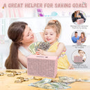 Wooden Money Saving Box, Cash Savings Box for $10000 $5000 $3000 Target Money Saving Challenge, Reusable Money Box with Counter, Cash Vault Bank with Dry Erase Pen/Savings Trackers/Rubber Band-Pink