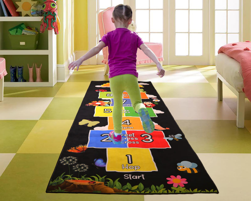 Mambu Essentials Hopscotch Rug - Kids Rug - Playroom rug for kids room, Daycare, Nursery - Cute Indoor or Outdoor Play Carpet for Children - Fun, Educational Games for Boys & Girls (Black)