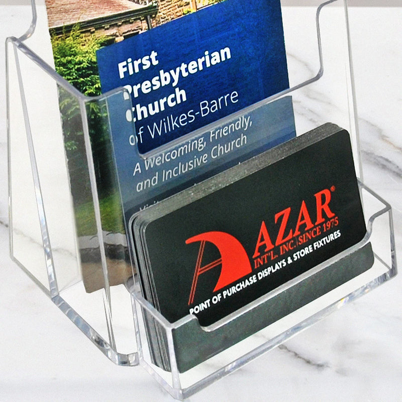 Azar Displays, 252922-100PK, Counter Trifold Brochure Holder with Horizontal Business Card Holder, Brochure Display Stand with Gift Card Pocket Flyer Holder Clear Card Display for Literature, 100-Pack