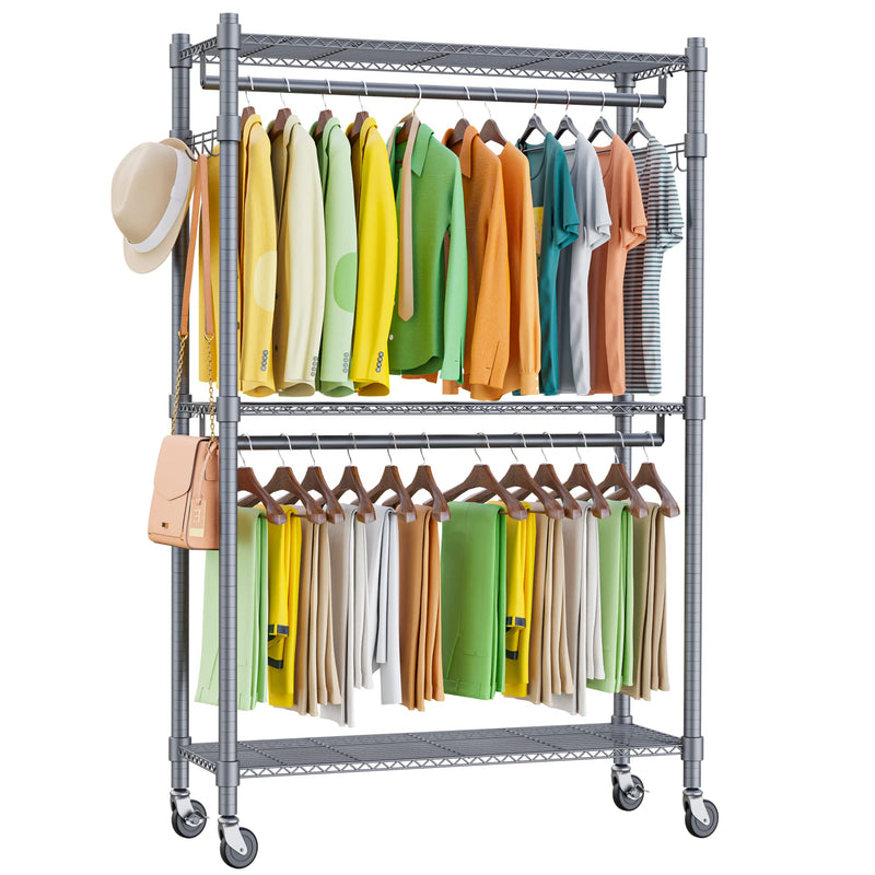 Homdox 3 Shelves Wire Shelving Clothing Rolling Rack Heavy Duty Commercial Grade Garment Rack with Wheels and Side Hooks (One Pair Hook and Two Hanging Rods Gray)