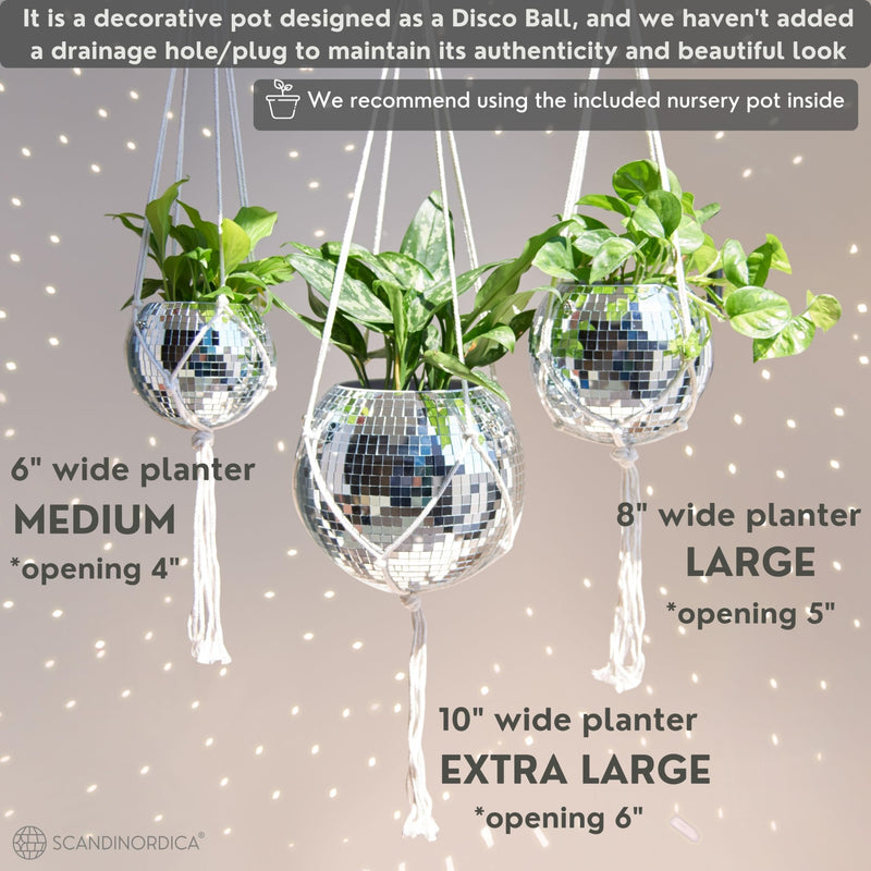 SCANDINORDICA Disco Ball Planter – Value Package: Disco Planter with Chain, Macrame Hanger and Acrylic Stand, Includes Self Watering Insert, Preppy Room Decor, Funky Decor | 8 inch Silver