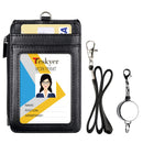 Teskyer Leather Badge Holder with Lanyard and Retractable Badge Reel, 4 Card Slots ID Card Holder with 1 Zipper Pocket for Office School Name Work IDs, Black