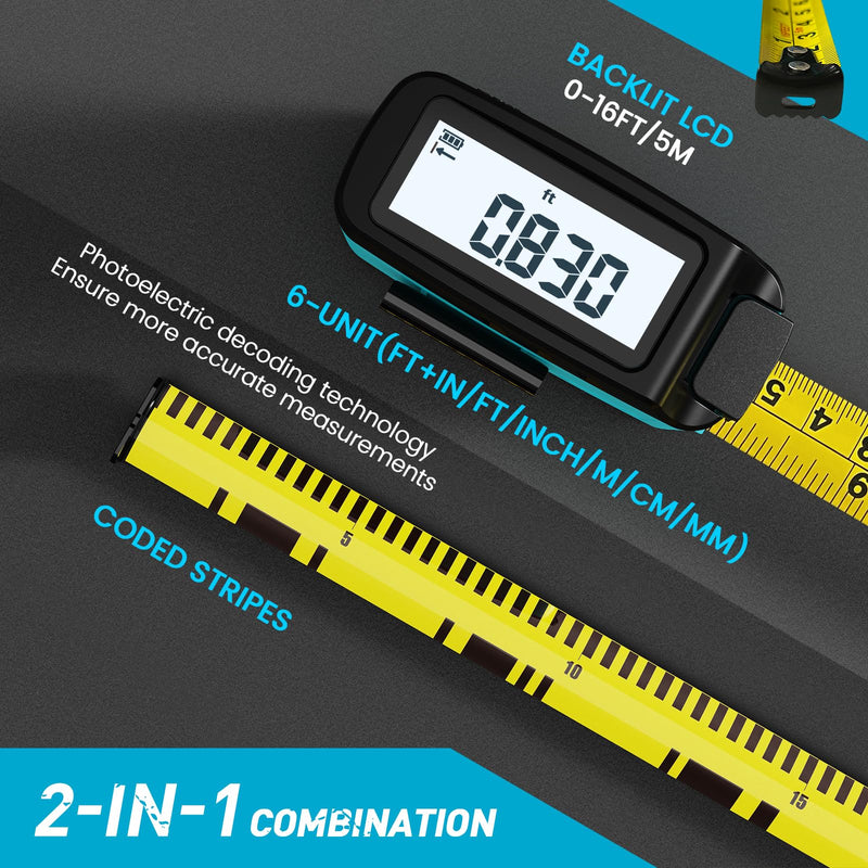 2-in-1 Digital Tape Measure - Ft/Ft+in/in/M/cm/mm 16Ft Tape Measure, Backlit Display USB Rechargeable Tape Measure with Display, 20 Groups Historical Memory ACPOTEL DT20 (Gen-2)