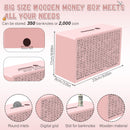 Wooden Money Saving Box, Cash Savings Box for $10000 $5000 $3000 Target Money Saving Challenge, Reusable Money Box with Counter, Cash Vault Bank with Dry Erase Pen/Savings Trackers/Rubber Band-Pink