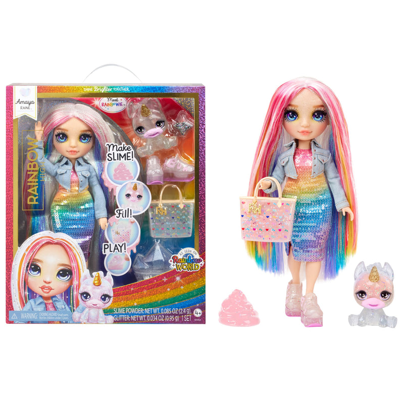 Rainbow High Amaya, Rainbow with Slime Kit & Pet, 11" Shimmer Posable Fashion Doll with DIY Sparkle Slime, Magical Yeti Pet, Fun Play Accessories, Great Toy Gift for Girls Kids Ages 4-12 Years