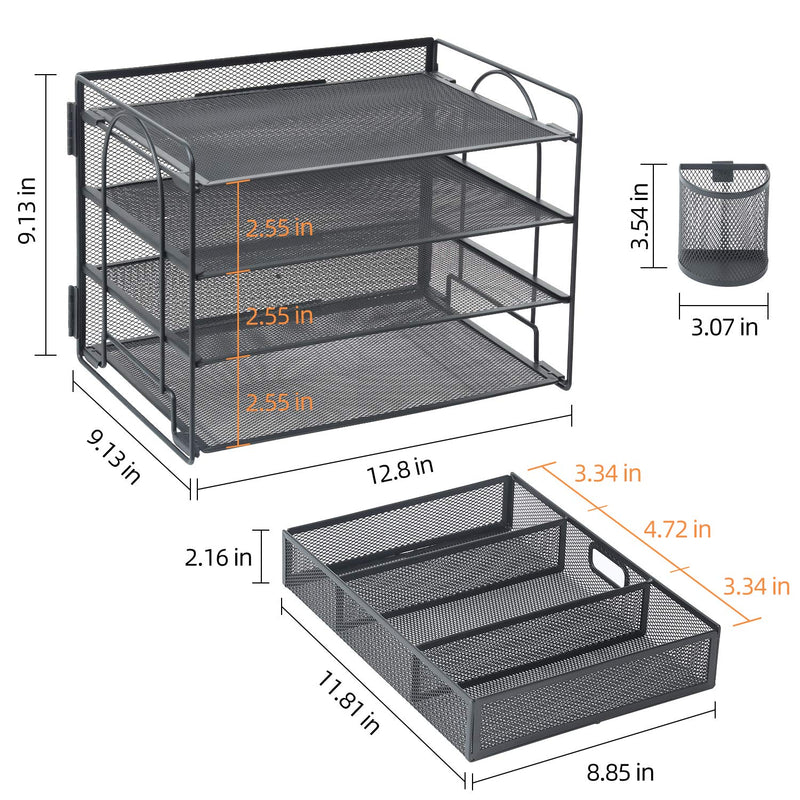 Marbrasse Desk Organizer and Accessories，4-Tier Paper File Letter Tray Desk Accessories & Workspace Desk Organizers with Drawer and 2 Pen Holders for School Home Office Desk Supplies (Black)