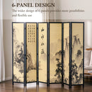 MyGift Decorative 6 Panel Folding Room Divider Bamboo Screen with Chinese Calligraphy Design, Freestanding Floral Artwork Room Partitioner with Black Wood Frame