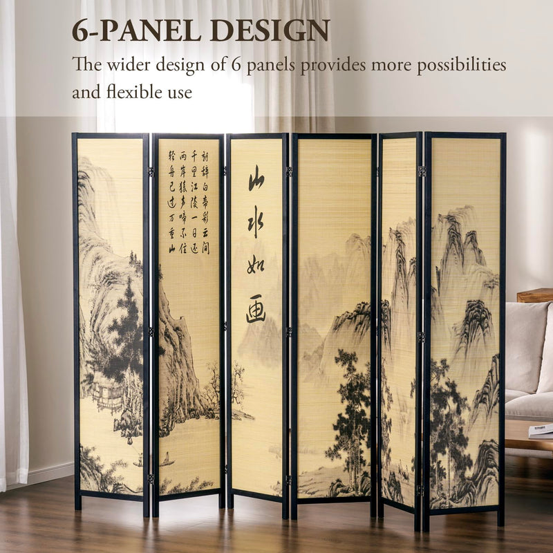MyGift Decorative 6 Panel Folding Room Divider Bamboo Screen with Chinese Calligraphy Design, Freestanding Floral Artwork Room Partitioner with Black Wood Frame
