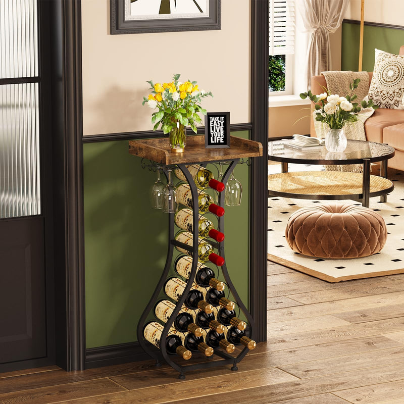 X-cosrack Wine Rack Freestanding Floor, Mini Bar Table Wine Holder Stand Liquor Cabinet with Glass Holder Wood Tabletop 14 Bottles Floor Wine Storage for Home Bar Kitchen Dining Living Room