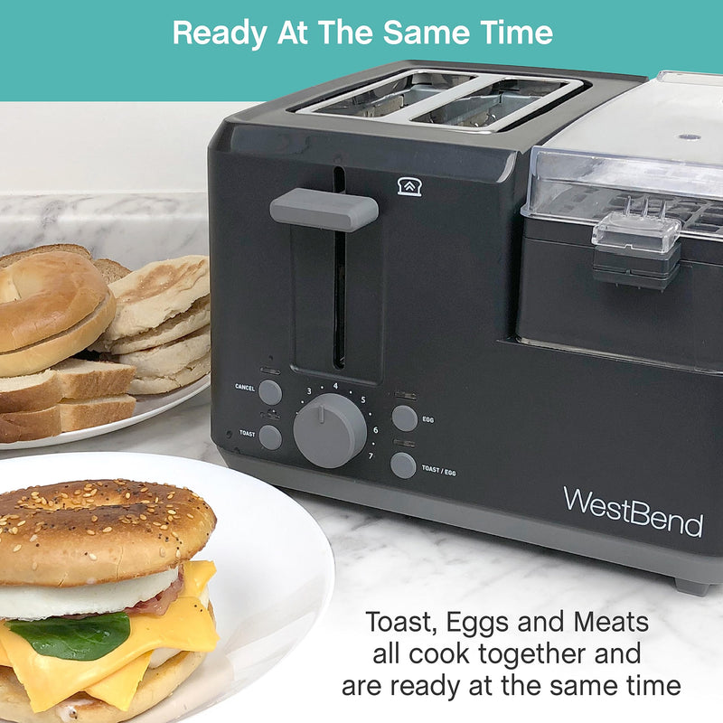 West Bend 78500 Breakfast Station, 2-Slice Toaster with Removable Meat and Vegetable Warming Tray and Egg Cooker/Poacher, Black