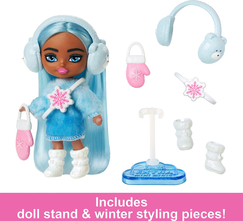 Barbie Extra Mini Minis Travel Doll with Blue Hair, Ombre Sweater Dress, Pastel Earmuffs, Snow Boots & Snow Accessories, 3.25-inch