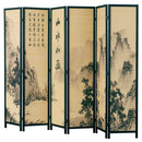 MyGift Decorative 6 Panel Folding Room Divider Bamboo Screen with Chinese Calligraphy Design, Freestanding Floral Artwork Room Partitioner with Black Wood Frame