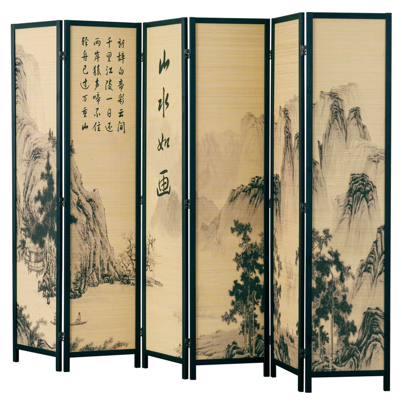 MyGift Decorative 6 Panel Folding Room Divider Bamboo Screen with Chinese Calligraphy Design, Freestanding Floral Artwork Room Partitioner with Black Wood Frame