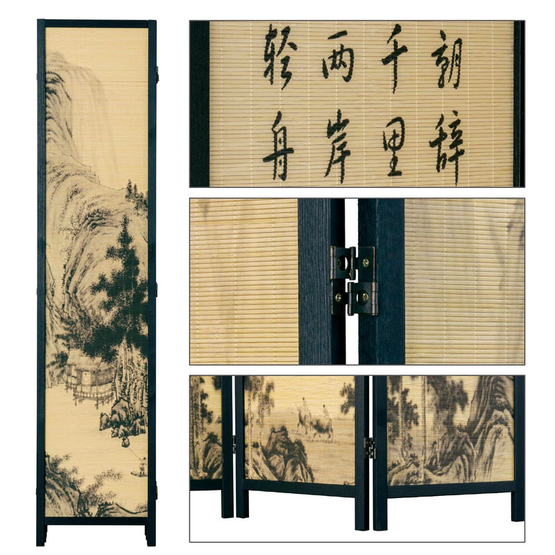 MyGift Decorative 6 Panel Folding Room Divider Bamboo Screen with Chinese Calligraphy Design, Freestanding Floral Artwork Room Partitioner with Black Wood Frame
