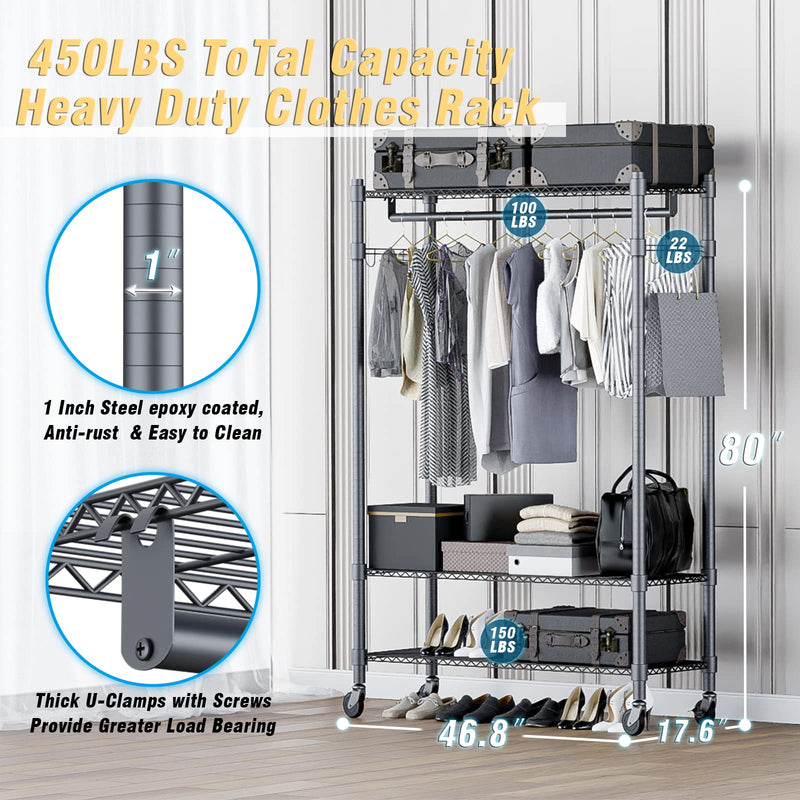 Homdox 3 Shelves Wire Shelving Clothing Rolling Rack Heavy Duty Commercial Grade Garment Rack with Wheels and Side Hooks (One Pair Hook and Two Hanging Rods Gray)