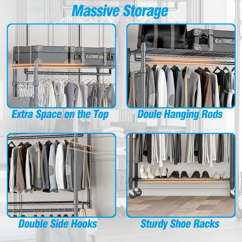 Homdox 3 Shelves Wire Shelving Clothing Rolling Rack Heavy Duty Commercial Grade Garment Rack with Wheels and Side Hooks (One Pair Hook and Two Hanging Rods Gray)