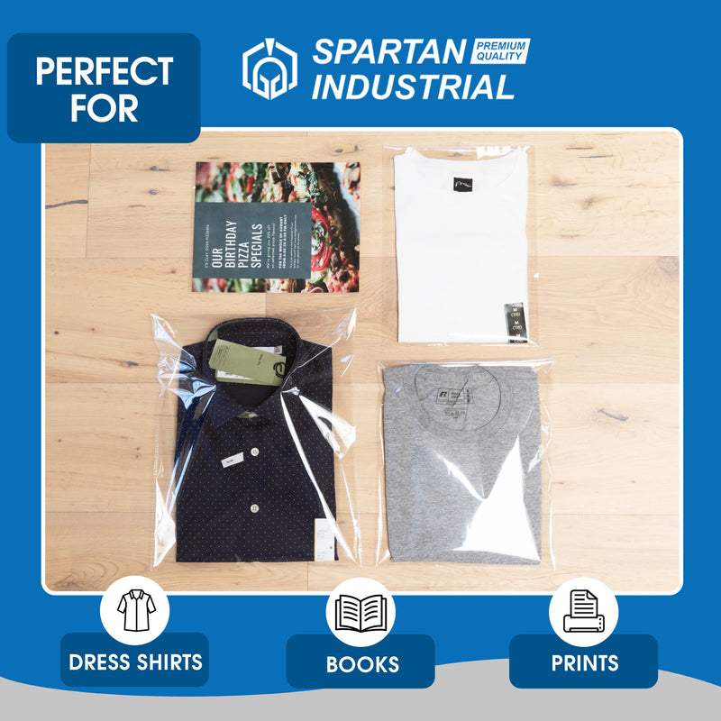 Spartan Industrial - 12" X 15" (100 Count) Crystal Clear Resealable Cello Poly Bags for Packaging, Clothing & T Shirts - Self Seal & Reinforced