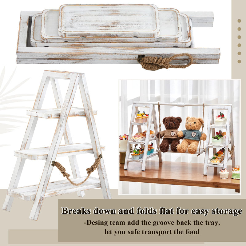 Beeveer Wooden Double 3 Tier Serving Tray Serving Ladder Stand with Serving Platter Tray Party Food Display Set for Cake Snack Fruit Chips Bread Centerpieces (Dark Walnut,20 x 30 Inches)