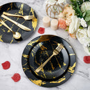 JOLLY PARTY 180PCS Disposable Dinnerware Set 30 Guest, 60 Black and Gold Plastic Plates, 30 Silverware, 30 Plastic Cups, Marble Design Dinnerware for Halloween, Wedding and Parties