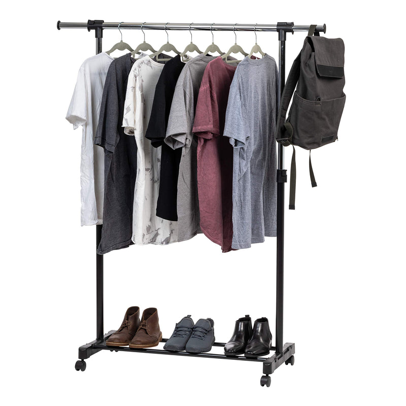 IRIS USA Portable Single-Rod Height Adjustable Clothes Rack with Extendable Bar and Lockable Wheels, Rolling Garment, Single Rod Wardrobe Rack, Easy Assemble, for Clothes, Belts, Shoes, and Bags