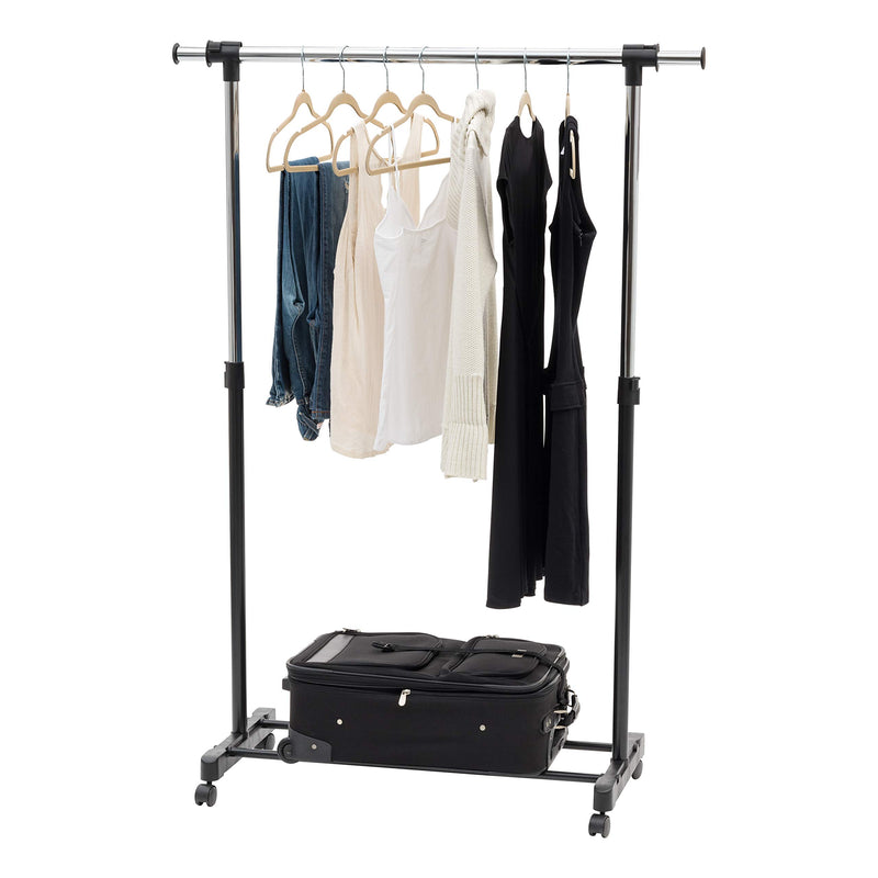 IRIS USA Portable Single-Rod Height Adjustable Clothes Rack with Extendable Bar and Lockable Wheels, Rolling Garment, Single Rod Wardrobe Rack, Easy Assemble, for Clothes, Belts, Shoes, and Bags