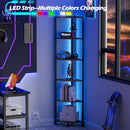 Furnulem 6 Tier Corner Shelf with LED Light, 67.5” Tall Standing Shelf Organizer, Narrow Bookshelf with Storage Rack for Wall Corner, Living Room, Bedroom, Metal Frame, Wood Display Shelf