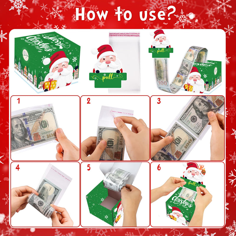 Meiidoshine 4 Pack Christmas Money Box for Cash Gift Pull, Surprise Money Holder for Kids Adults with 200Pcs Transparent Bags - Fun Ways to Give Cash As A Gift for Your Loved Ones