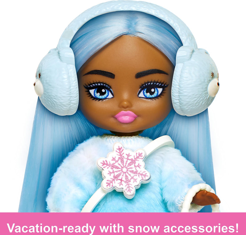 Barbie Extra Mini Minis Travel Doll with Blue Hair, Ombre Sweater Dress, Pastel Earmuffs, Snow Boots & Snow Accessories, 3.25-inch