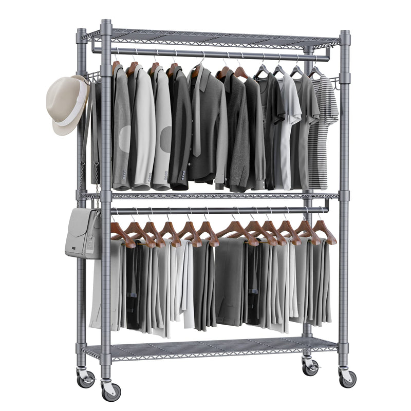 Homdox 3 Shelves Wire Shelving Clothing Rolling Rack Heavy Duty Commercial Grade Garment Rack with Wheels and Side Hooks (One Pair Hook and Two Hanging Rods Gray)