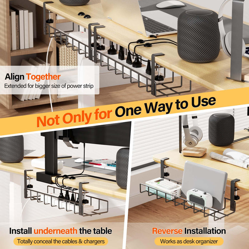 Xpatee 2 Pack Cable Management Under Desk Tray, 31.4" No Drill Under Desk Wire Management with Upgraded Clamp, Metal Cord Organizers for Desk with Cable Organizers, PC Cable Management Rack, Black