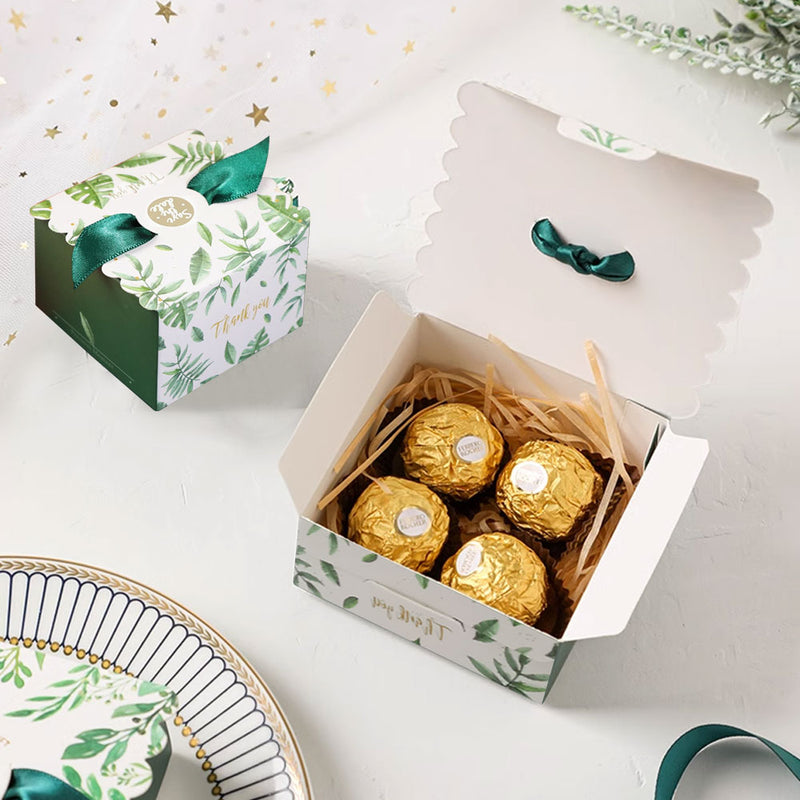 50Pcs Candy Favor Boxes Christmas Gift Boxes Square Box with Green Ribbon (Green Leaves)