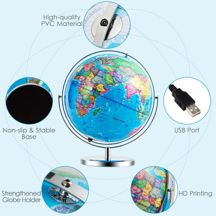 13" Illuminated World Globe 720° Rotating Map with LED Light